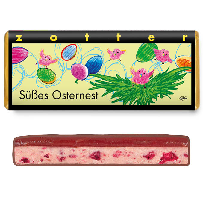 16656-suesses-osternest-handgeschoepft-1-de Zotter Süßes Osternest - Himbeer-Karamell mit Fruchtnougat, 70g kbA – Bild 1